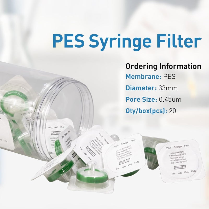 Labfil Sterilized Syringe Filter PES 20 Pack, 0.45 um Pore Size, 33 mm Membrane Diameter, Hydrophilic Filtration Sterile Packed Individually - Image 2